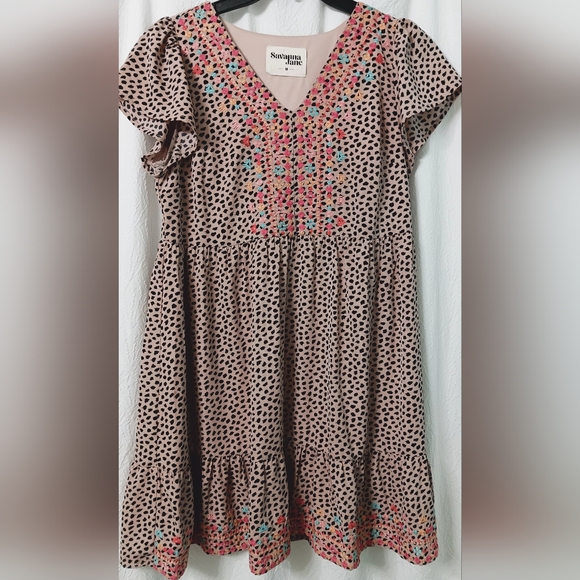 Savanna Jane Leopard Tiered Ruffle Embroidered Babydoll Dress Size M - Picture 4 of 12